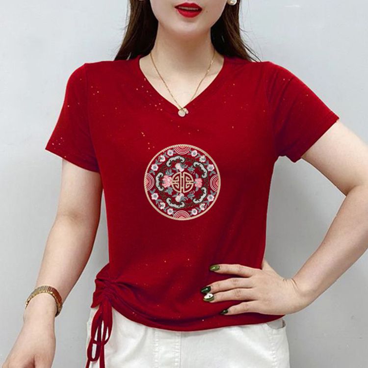 大码纯棉女士t恤短袖V领抽绳新中式国风亮丝洋气显瘦体恤衫上衣服