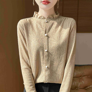 打底衫 针织西装 上衣 羊毛精仿衬衫 高级感洋气毛衣女内搭花边领长袖