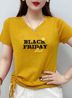 2026新款广场舞大码装胖mmV领短袖t恤百搭体恤衫显瘦亮丝抽绳上衣