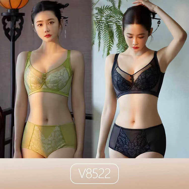 小懒同事金标超薄透视内衣软钢圈中国风刺绣网纱全罩文胸套装8522