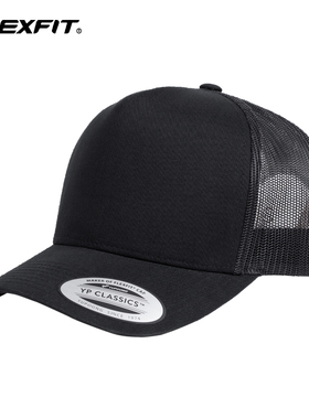 FLEXFIT 可调节五片高顶帽黑色男士帽子棒球帽鸭舌帽网帽