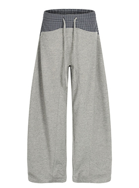 EMER新款美式灰色复古格子拼接卫裤男女高腰抽绳宽松垂感休闲长裤