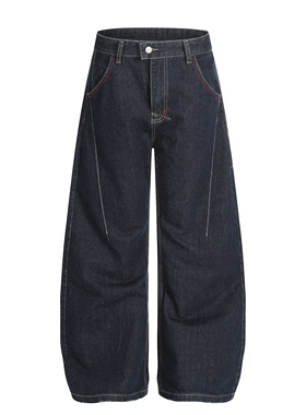 EMER新款美式复古明线通勤阔腿牛仔裤男女宽松弯刀裤设计感长裤潮