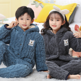 儿童睡衣女童冬季加绒加厚家居服法兰绒三层加棉中大童珊瑚绒冬装