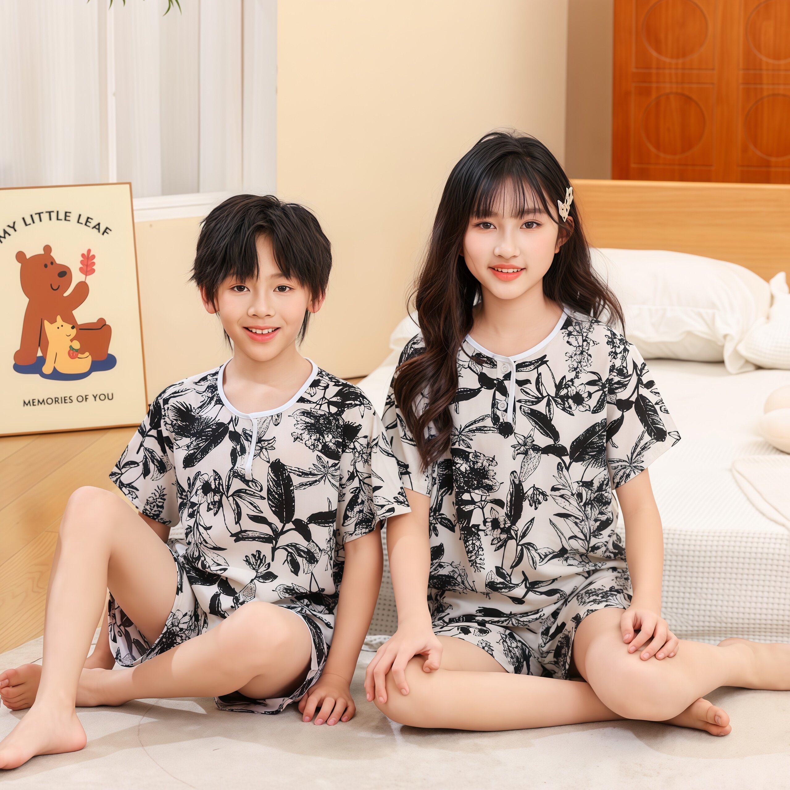 夏季男童棉绸薄款卡通家居服套装