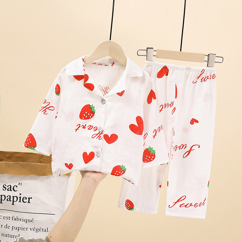 儿童睡衣夏季薄款纯棉纱布长袖可爱公主女童套装中大童春秋家居服