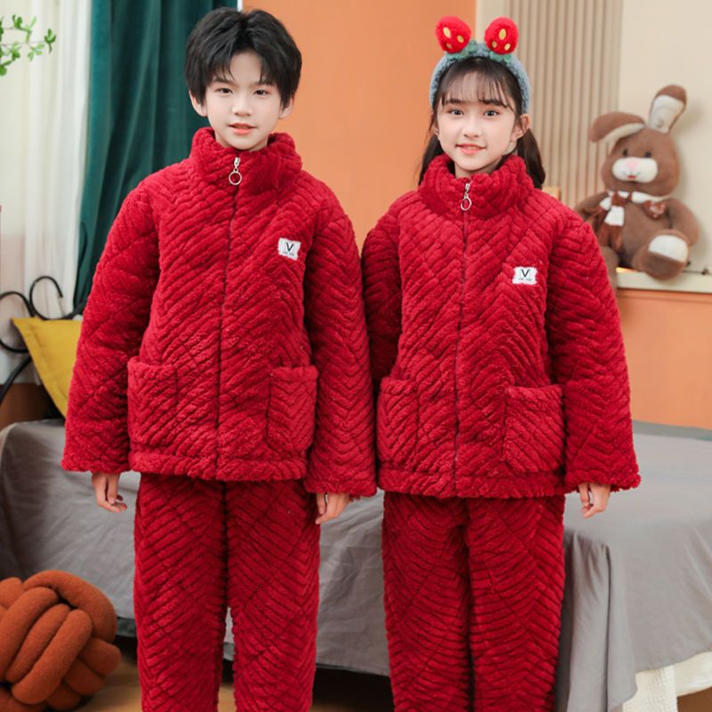 儿童睡衣安可拉红新款冬季加厚珊瑚绒中大童男孩女童三层夹棉套装