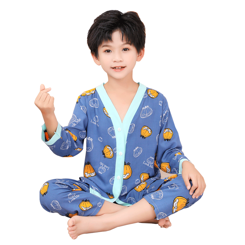 維爾梵兒童綿綢睡衣夏季薄款男童長袖空調(diào)服男女孩棉綢家居服套裝