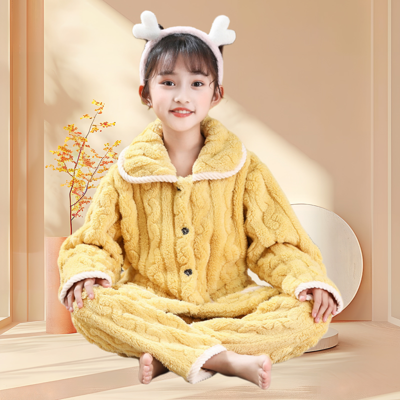 秋冬季幼儿园居家穿儿童珊瑚绒睡衣法兰绒加绒加厚女孩女童家居服