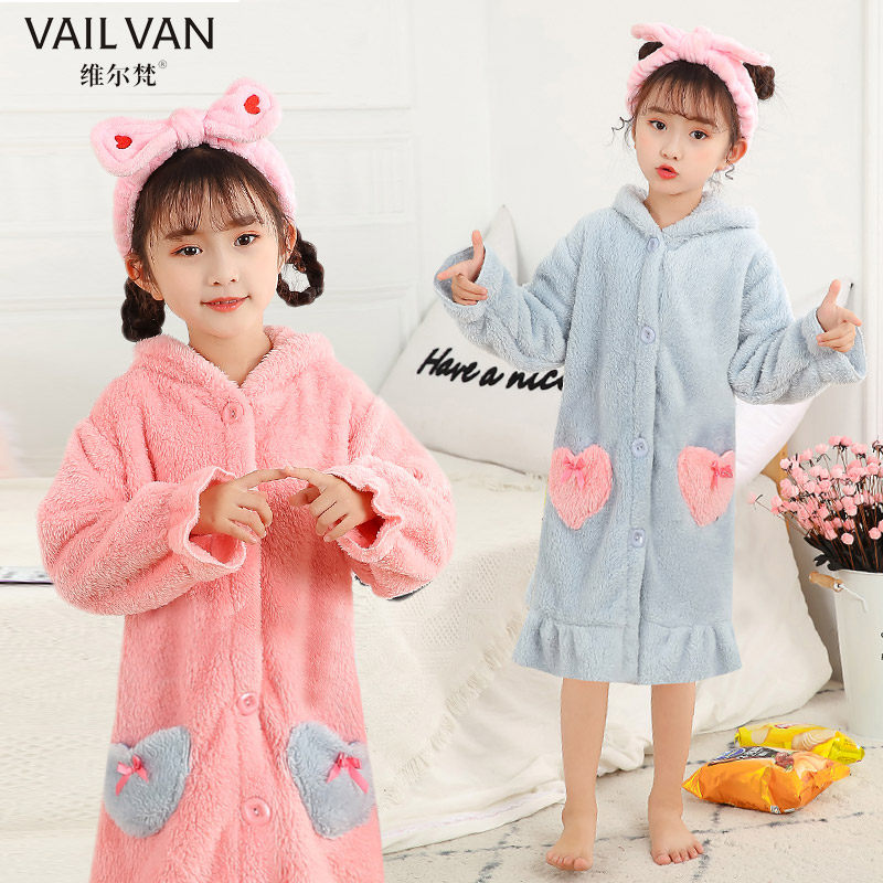 秋冬季法兰绒儿童睡衣亲子睡袍珊瑚绒中大女童小孩家居服宝宝浴袍