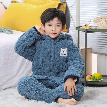 儿童冬季加绒加厚款棉睡衣男童宝宝三层夹棉保暖珊瑚绒家居服套装