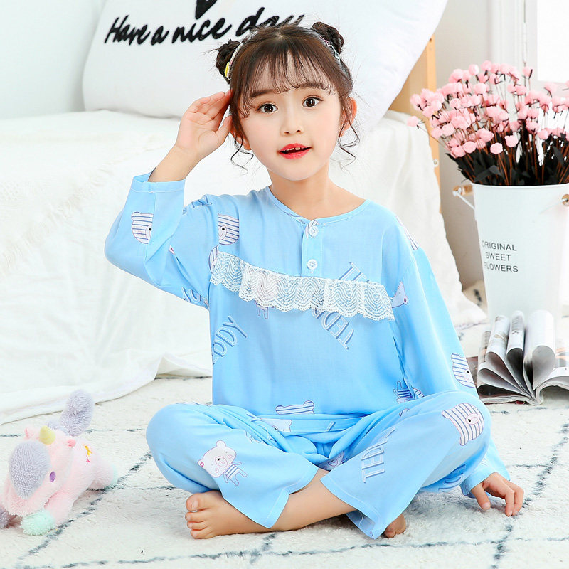 女童睡衣套装春秋夏季薄款绵绸棉绸蕾丝小孩中大童宝宝儿童家居服