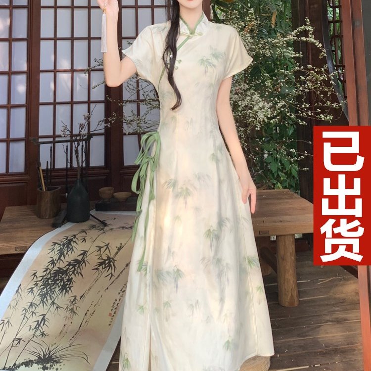 实拍夏季新款胖mm新中式国风小清新少女绿色改良奥黛旗袍连衣裙子