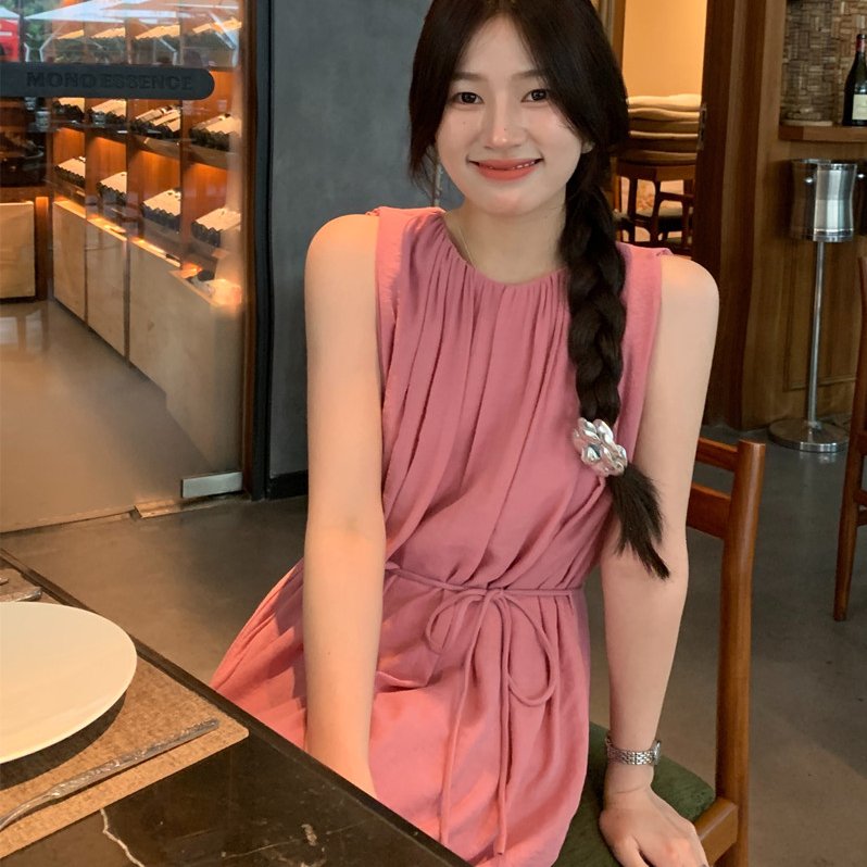 现货实拍 粉粉嫩嫩~慵懒感 宽松无袖褶皱收腰系带长款背心连衣裙