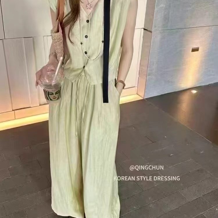 御姐风气质V领马甲上衣阔腿裤套装两件套女夏韩系穿搭一整套减龄