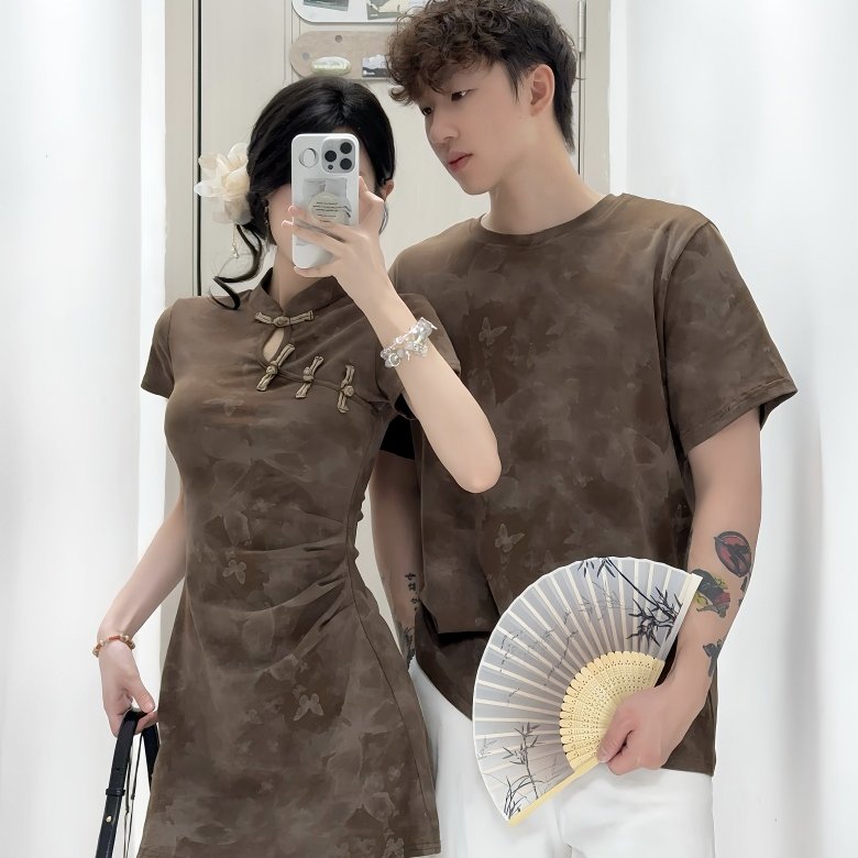 实拍 新中式情侣装夏季设计感短袖T恤女旗袍连衣裙法式一裙一衣
