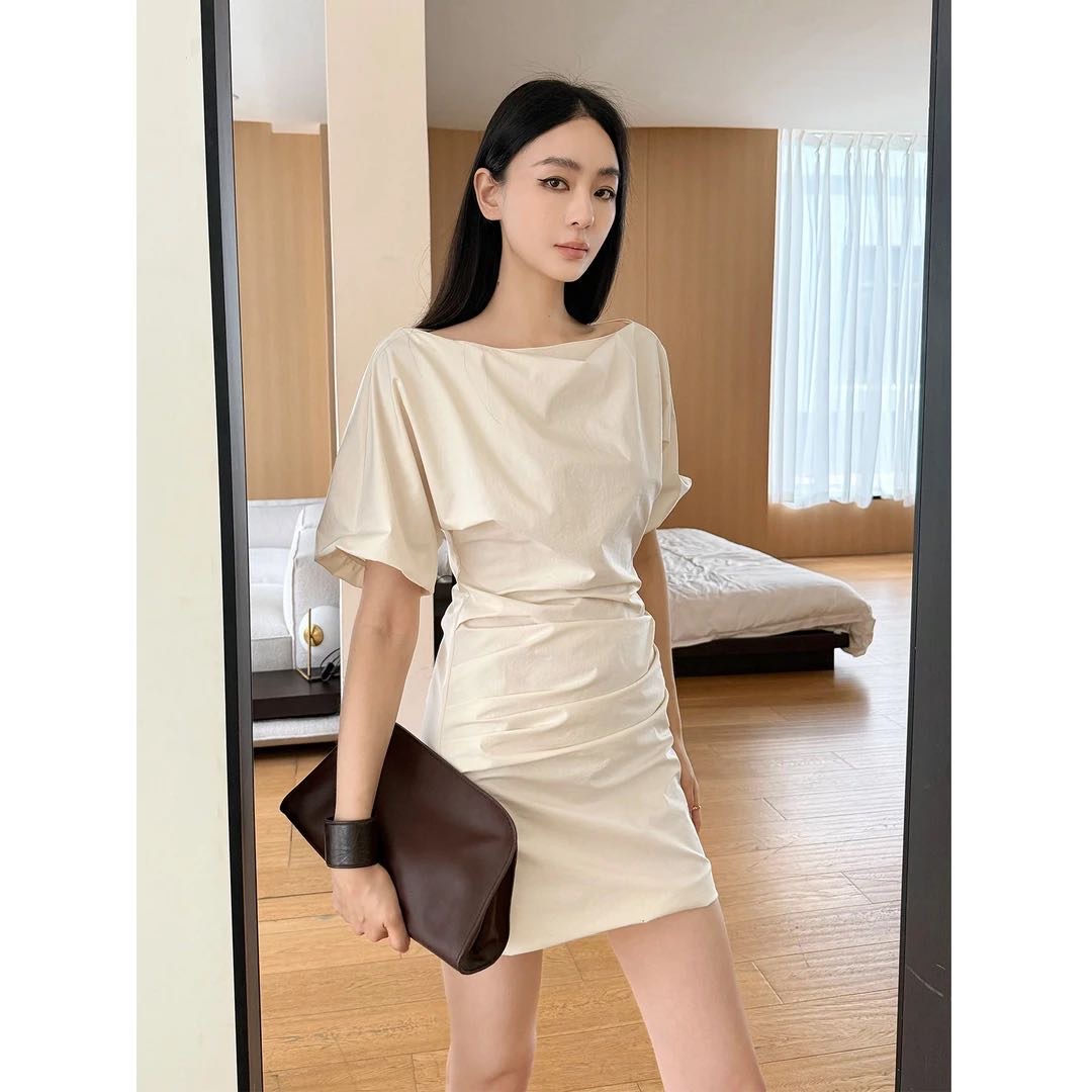 周淼艺展缪斯裙斜肩两穿短款裙子 夏季法式连衣裙