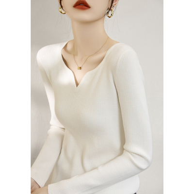 春秋新款白色长袖针织衫女纯色内搭打底上衣修身百搭羊毛V领毛衣