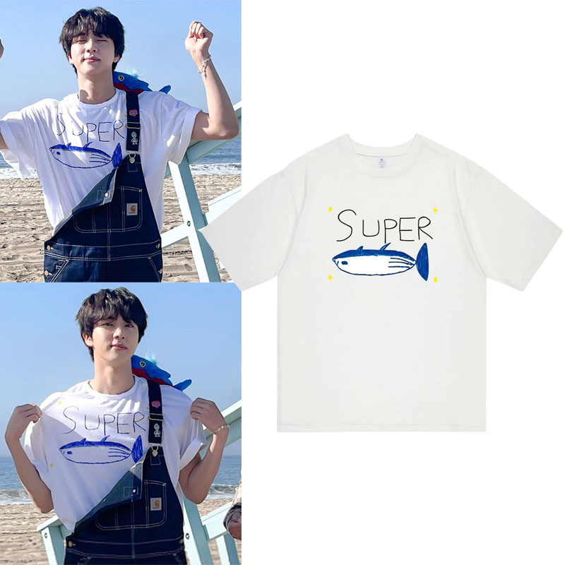 少年团JIN周边同款印花金硕珍手绘金枪鱼短袖T恤宽松落肩纯棉夏季
