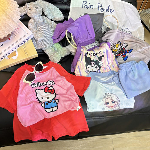 儿童夏款短袖短裤男童运动卡通短袖T恤睡衣女宝宝冰感家居服套装