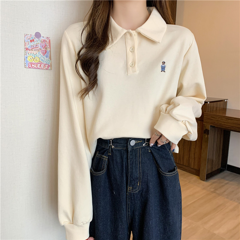 跨境Polo领卫衣女2021春秋薄款宽松韩版原宿港风高腰短款上衣