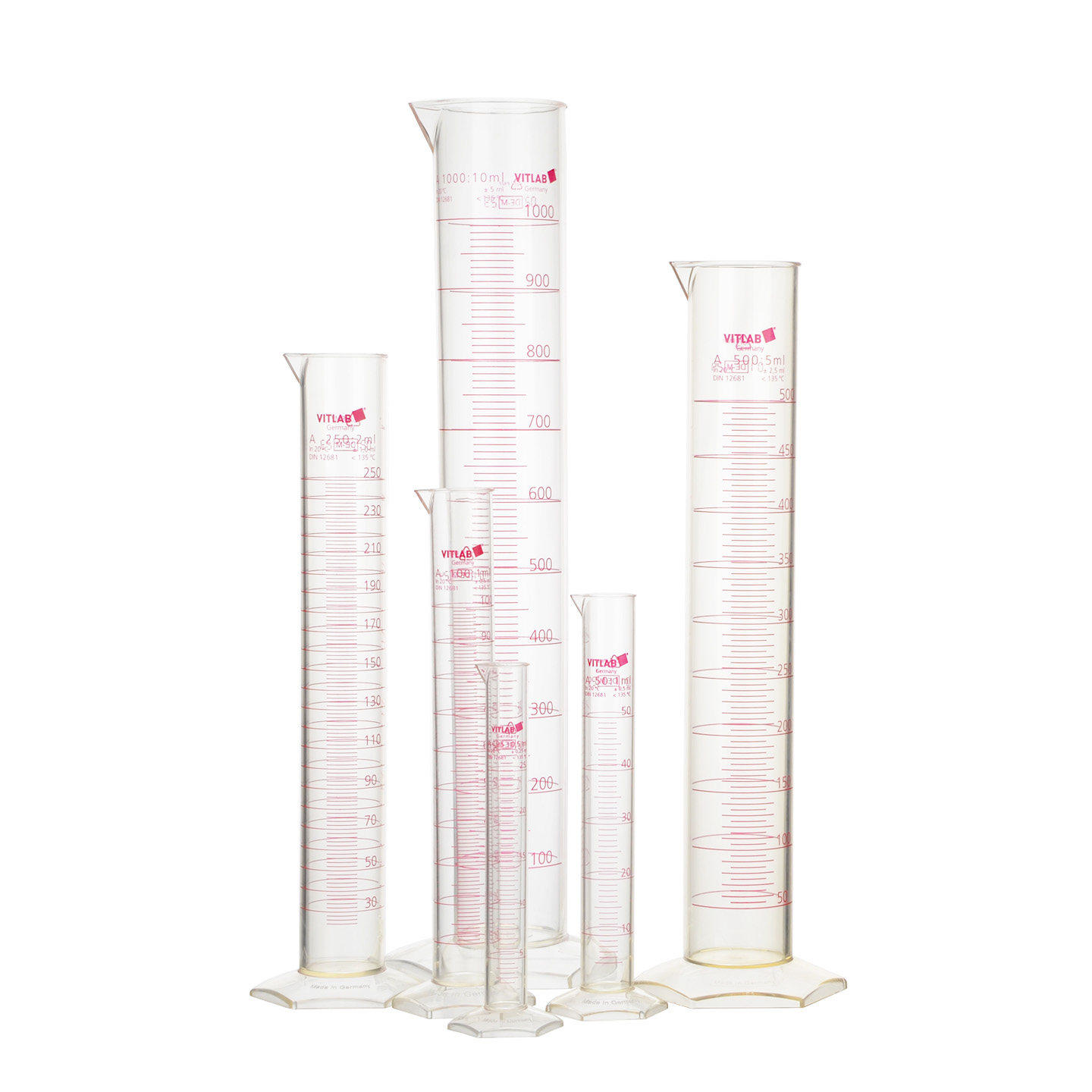 VITLAB刻度PMP塑料量筒A级25/50/100ml/250/500ml高透量杯带证书