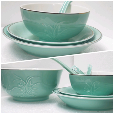 龙泉青瓷兰花陶瓷米饭碗深盘鱼盘汤碗汤勺组合陶瓷餐具捡漏