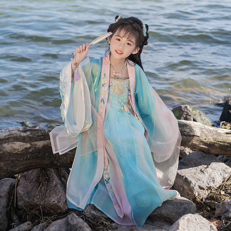 西子问汉服女童春装2025新款国风连衣裙儿童超仙大袖襦裙西子黛