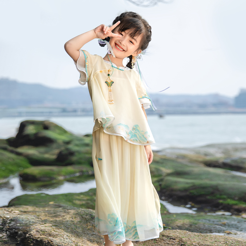 西子問女童漢服夏季薄款兒童新中式國風童裝日?？纱┕叛b褲子套裝