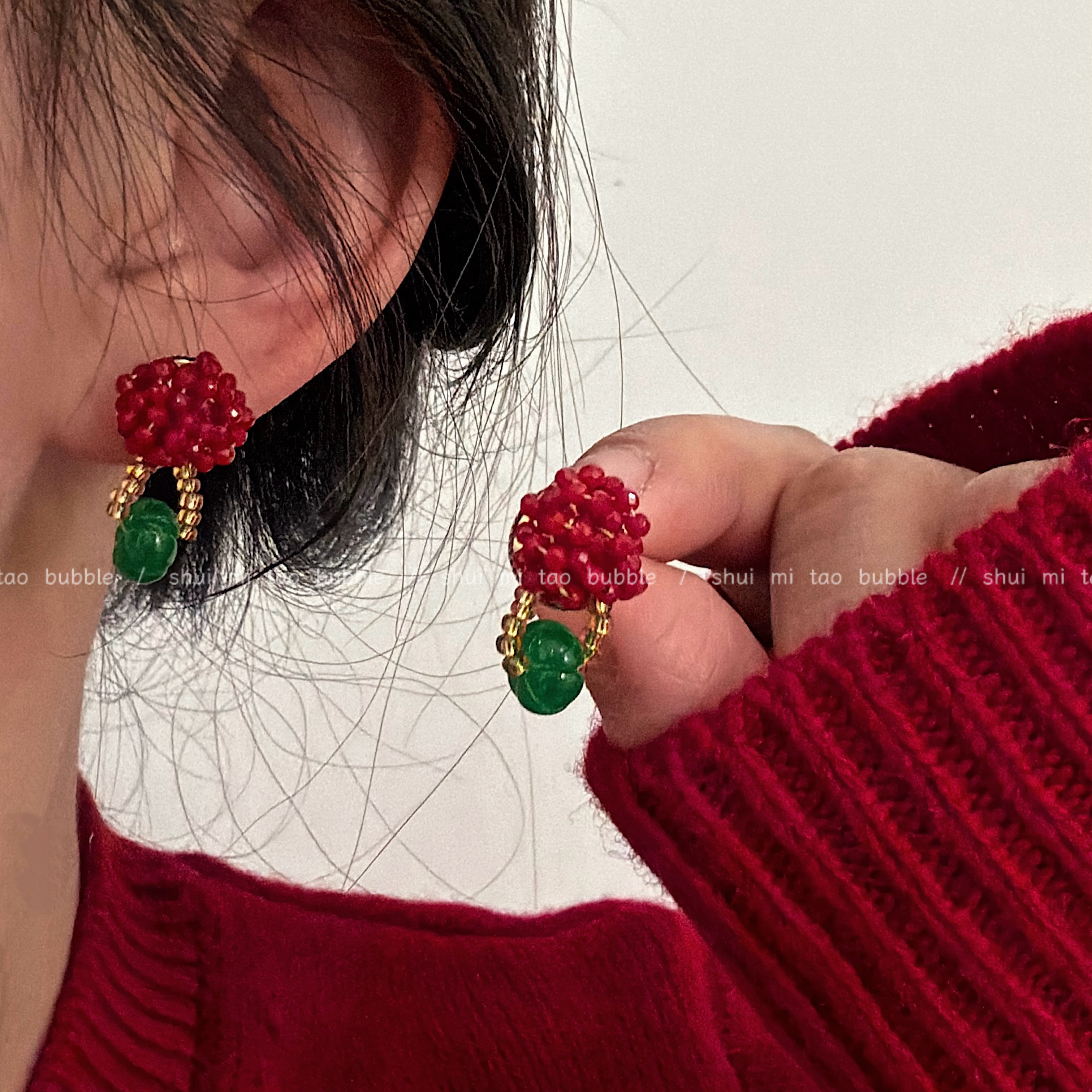 一颗小树莓红色高级感设计手工串珠耳钉绿色琉璃新年独特可爱耳环,饰品/流行首饰/时尚饰品新,耳环,淘宝优惠券,粉丝福利购,淘宝优惠卷