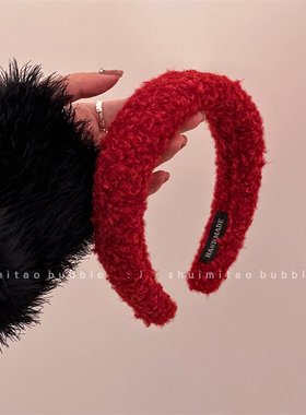 显白秋冬红色亮丝毛绒发箍小众设计感过年圣诞高颅顶可爱发饰女