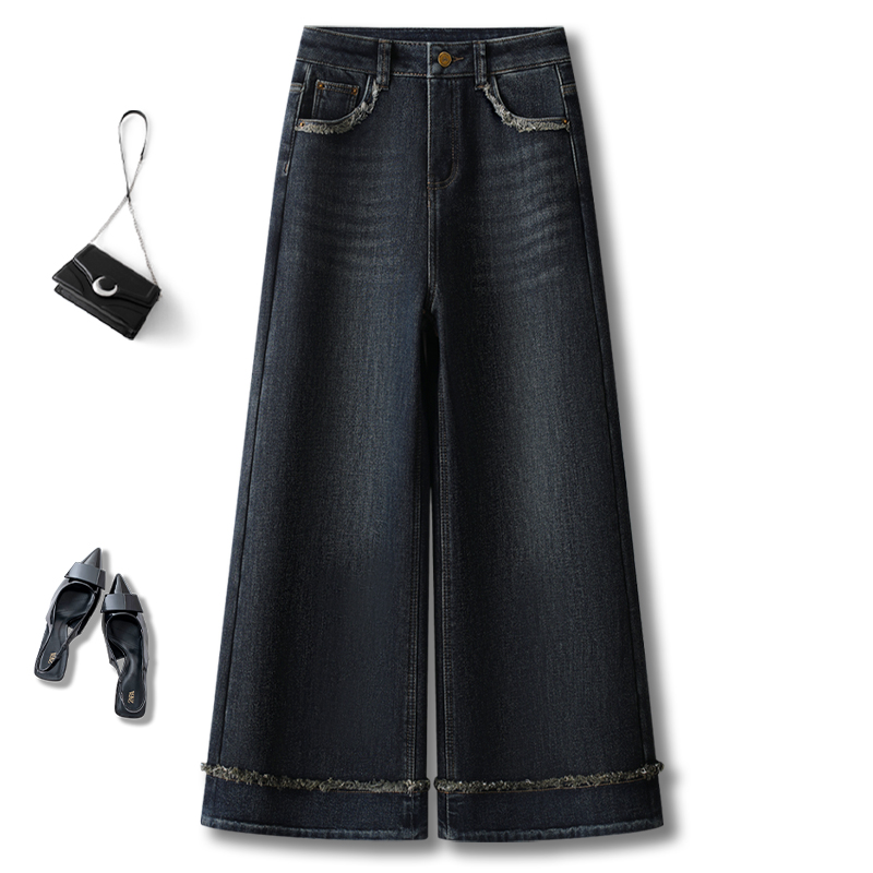 复古蓝阔腿牛仔裤女2025春秋季新款大码胖mm梨形身材小个子直筒裤
