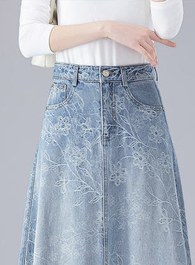 复古提花牛仔百褶半身裙女