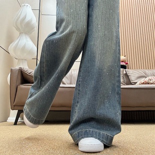 满天星烫钻阔腿牛仔裤女秋冬加绒大码胖mm高腰宽松显瘦直筒拖地裤