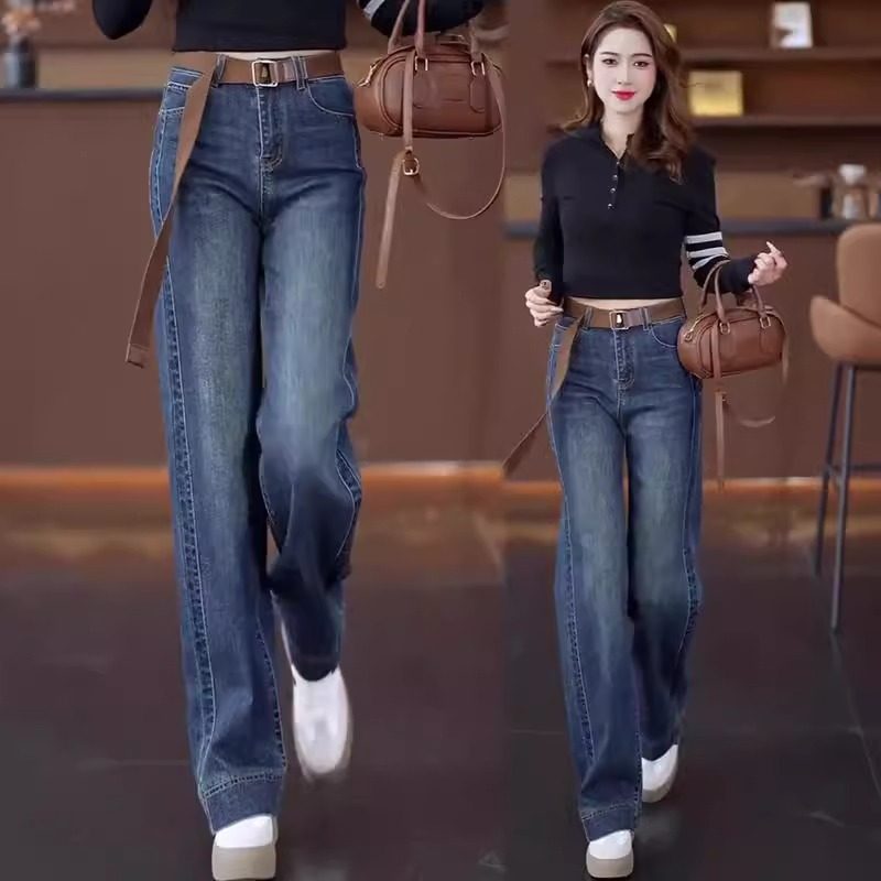 窄版阔腿牛仔裤女2025年春秋季新款高腰显瘦小个子垂感休闲直筒裤,女装/女士精品,牛仔裤,淘宝优惠券,粉丝福利购,淘宝优惠卷