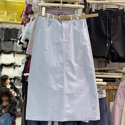 时尚休闲后开叉洗水棉半身裙女夏季新款百搭高腰直筒裙中长款裙子