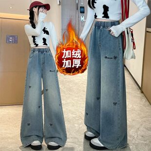 2025新款流行女裤松紧腰蝴蝶结刺绣牛仔裤女加肥加大码超火阔腿裤