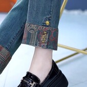 春秋新款 女牛仔裤 时尚 复古中式 高档夏季 国风撞色直筒裤 九分烟管裤