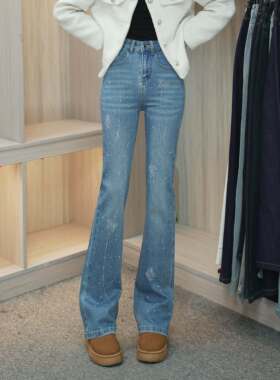 蝴蝶烫钻高腰春季上新蓝色显瘦弹力阔腿微喇裤牛仔裤显高显腿长