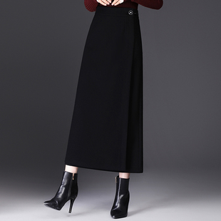 直筒西装半身裙女秋冬新款一片式毛呢漂亮裙子垂感开叉A字包臀裙