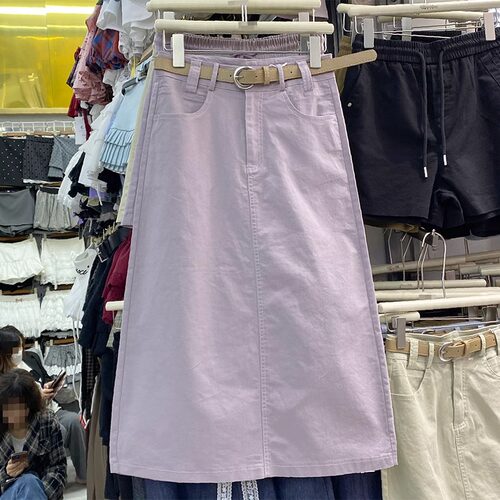 紫色高腰洗水棉开叉牛仔裙女2026