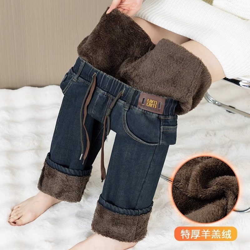 羊羔绒阔腿牛仔裤女春秋季松紧高腰大码女裤冬装加绒加厚直筒裤子,女装/女士精品,牛仔裤,淘宝优惠券,粉丝福利购,淘宝优惠卷