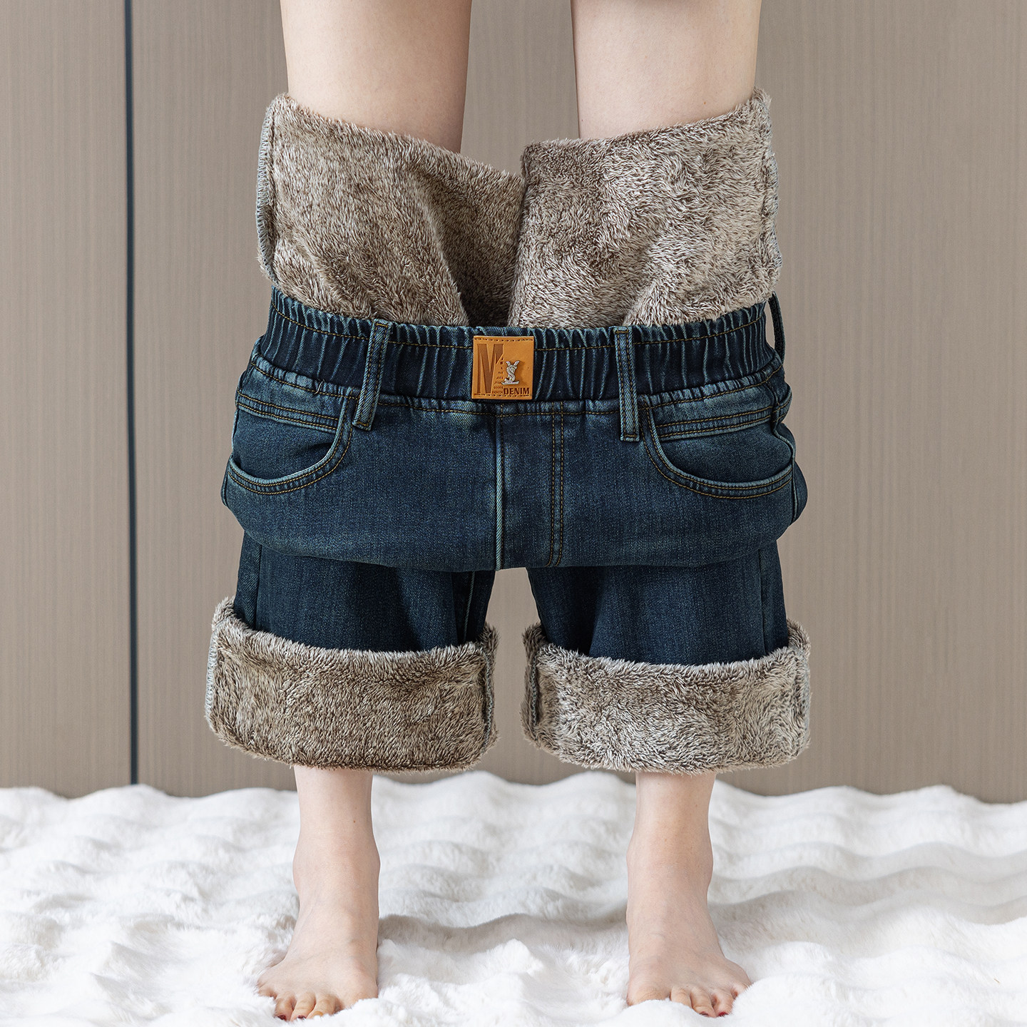 松紧腰特厚羊羔绒牛仔裤女冬季加绒大码宽松显瘦复古直筒阔腿裤子,女装/女士精品,牛仔裤,淘宝优惠券,粉丝福利购,淘宝优惠卷