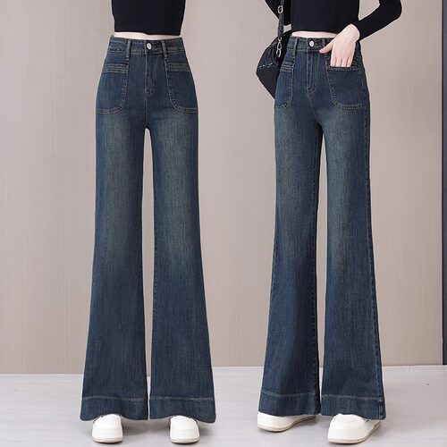 牛仔筒喇裤弹力女裤子春秋季