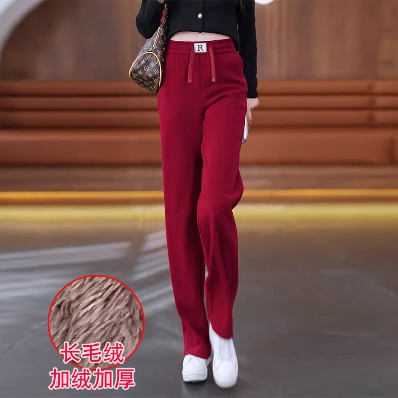 安克拉红色直筒裤女春秋2025新款高腰宽松运动卫裤加绒加厚阔腿裤