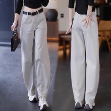 莫兰迪灰高级感阔腿牛仔裤女2025春季新款高腰显瘦休闲直筒弯刀裤