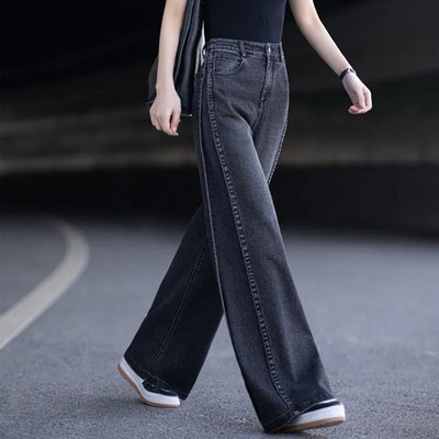 黑灰色复古直筒牛仔裤女2026秋冬新款高腰显瘦加绒休闲窄版阔腿裤