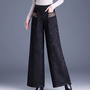 新中式国风加绒阔腿裤女士2026新款爆款超好看提花裤子后妈直筒裤