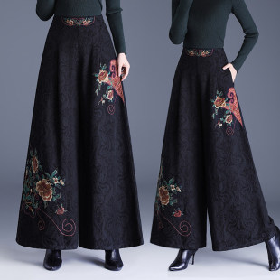 裙裤 女秋冬2025新款 洋气妈妈绣花裤 子大码 新中式 休闲裤 国风阔腿裤