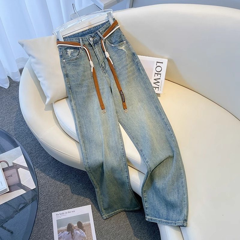 浅色阔腿牛仔裤女早秋款2025年新款爆款垂感破洞腰带直筒拖地裤子,女装/女士精品,牛仔裤,淘宝优惠券,粉丝福利购,淘宝优惠卷